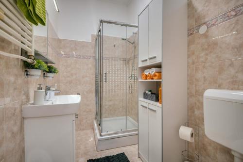 a bathroom with a shower and a sink and a toilet at Apartment Sorelle Fiume in Rijeka
