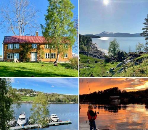 un grupo de cuatro fotos de una casa y un barco en Draget gård en Molde