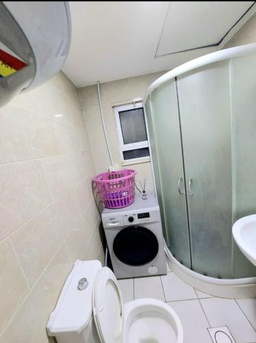 ein Badezimmer mit einem WC, einem Waschbecken und einem Spiegel in der Unterkunft Falcon homes in Amman
