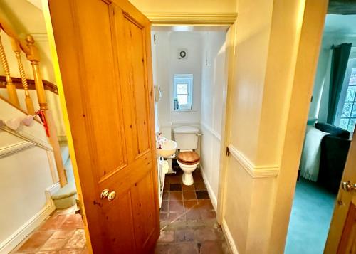 een kleine badkamer met een toilet en een wastafel bij Holly Cottage 