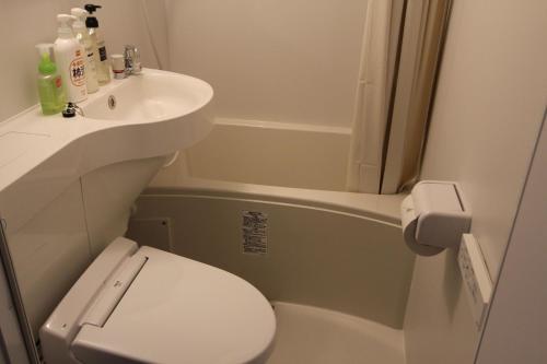 La petite salle de bains est pourvue de toilettes et d'un lavabo. dans l'établissement Yatsugatake Guest House Matsuda House - Vacation STAY 11086, à Hokuto