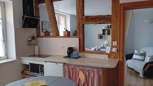 a kitchen with a counter with a sink and a mirror at Le Balcon in Sélestat