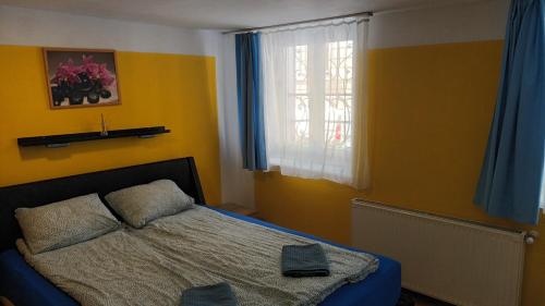 ブダペストにあるDeniz Guesthouseのベッドルーム1室(黄色い壁のベッド1台、窓付)