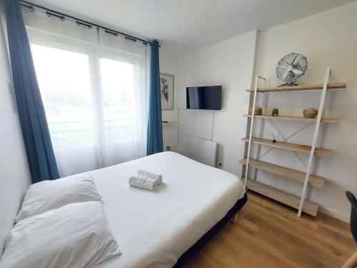 1 dormitorio con cama y ventana grande en Studio de charme - Idéal Couple & Pro - Calme, en Lons