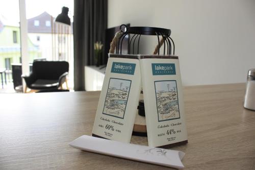 a couple of products sitting on top of a table at Lakepark Residence in Staré Splavy