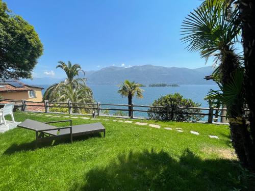 a bench in the grass with a view of the water at Residenza Bettina BnB & Ferienwohnungen in Ronco s/Ascona - Porto Ronco