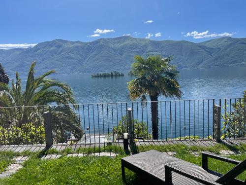 a bench and a fence with a view of a lake at Residenza Bettina BnB & Ferienwohnungen in Ronco s/Ascona - Porto Ronco