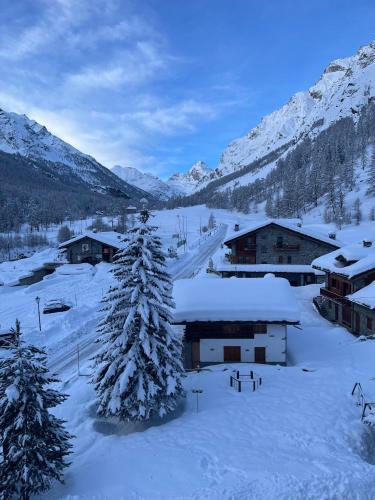 a snow covered village with a snow covered pine tree at Hotel Granta Parey in Rhêmes-Notre-Dame