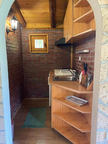 a kitchen with a sink and a brick wall at Smestaj Milovanovic in Soko Banja