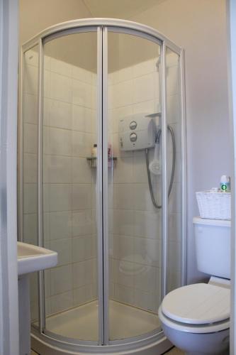 a shower stall in a bathroom with a toilet at Studio flat - An Bonnan Bui in Rathmullan