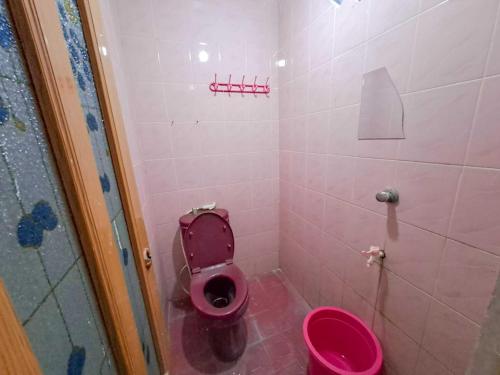 uma casa de banho cor-de-rosa com um WC cor-de-rosa em OYO 93902 Guest House Pahlawan Syariah em Kotabumi