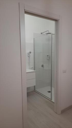 La salle de bains est pourvue d'une douche en verre et d'un lavabo. dans l'établissement Guest House Aio Sardegna, à Cagliari