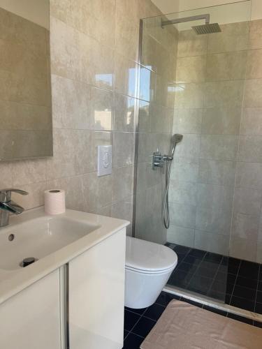een badkamer met een douche, een toilet en een wastafel bij Vila Palma in Durrës