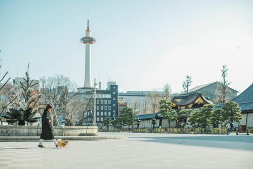 a woman walking a dog in a plaza at Hotel Toin Kyoto in Kyoto