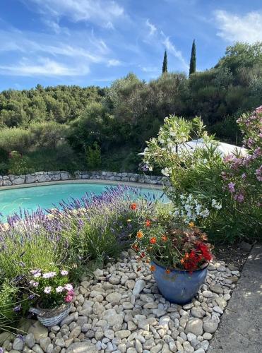 un jardin fleuri et une piscine dans l'établissement B&B suite - 47 m2 - pool, terraces, view, à Vinsobres