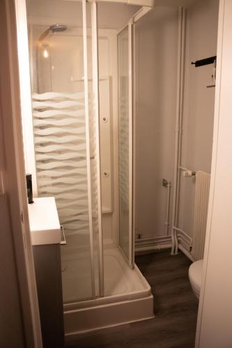 une salle de bain avec une douche avec une porte vitrée dans l'établissement Moderne Lemoine, à Châteauroux