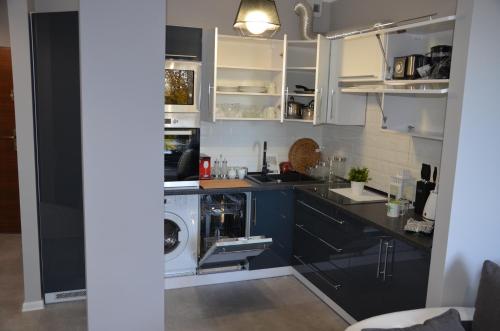 a kitchen with a washer and a washing machine at Apartament DeLuxe 4 in Oświęcim