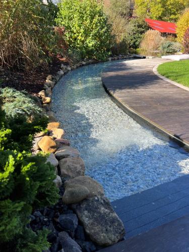 a stream of water with rocks in a garden at Domaine et chambres d'Hôtes des Fées in Pretin