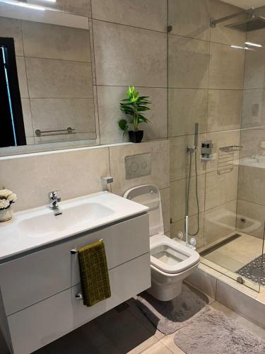 a bathroom with a sink and a toilet and a shower at The Lennox by Luxe Properties in Accra