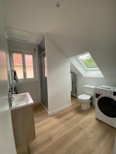 une salle de bain avec toilettes et lavabo et une machine à laver dans l'établissement Les Apparts de St Mart, à Bréhal