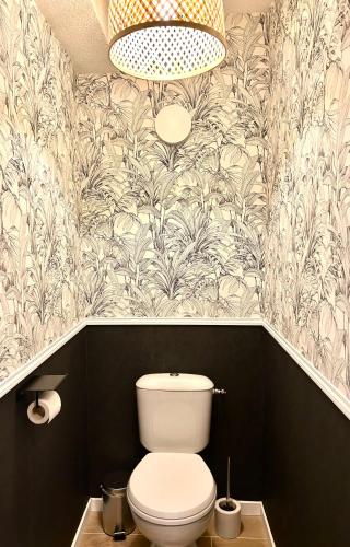 une salle de bain avec toilettes et un lustre dans l'établissement Studio calais la plage, à Calais