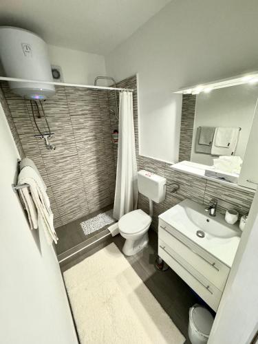 a bathroom with a shower and a toilet and a sink at Apartment Kontrada in Umag