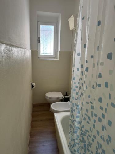 a bathroom with a toilet and a shower curtain at Appartamenti Monti Como Lake in Brunate