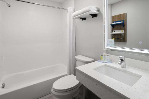 a bathroom with a white toilet and a sink at Microtel Inn and Suites Dover in Dover