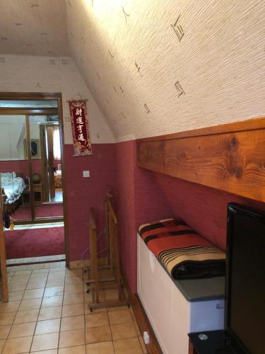Zimmer mit Etagenbett in einem Zimmer mit lila Wänden in der Unterkunft Yufan in La Ville-du-Bois