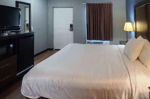 a large white bed in a hotel room with a television at Econo Lodge in Forest City