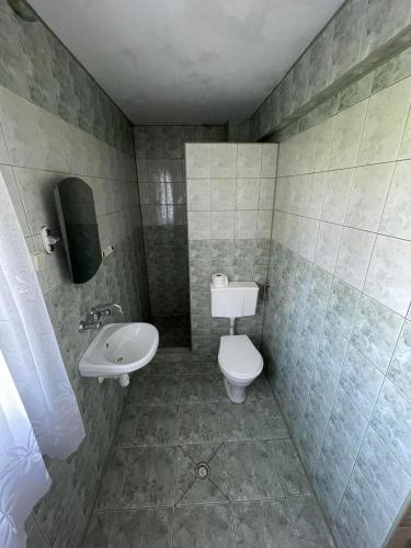 a bathroom with a toilet and a sink at Dom nad Solinką in Wołkowyja