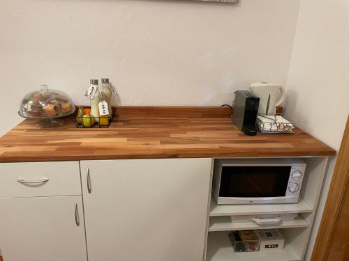 un comptoir de cuisine avec un four micro-ondes. dans l'établissement Las 5 Bes- Estudio bed&breakfast, à Valladolid