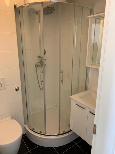 eine Glasdusche im Bad mit WC in der Unterkunft Apartman Royal Lino in Baška Voda