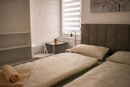 2 camas en una habitación con mesa y ventana en Apartman Patrizia en Karlovac