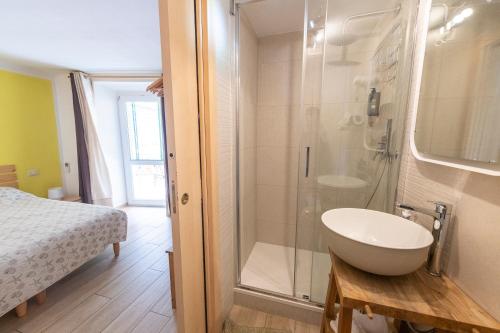 a bathroom with a sink and a shower and a bed at Ca' de Baran in Manarola