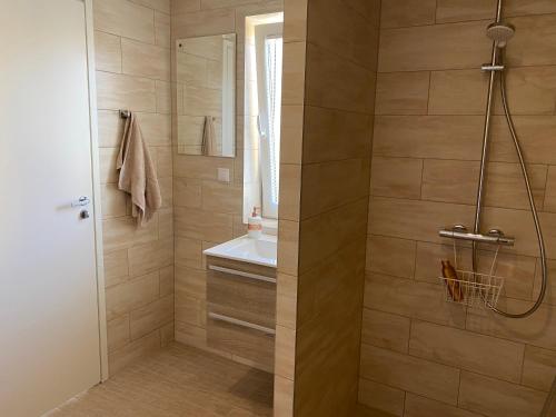 La salle de bains est pourvue d'une douche et d'un lavabo. dans l'établissement Ranna majutus, à Pärnu