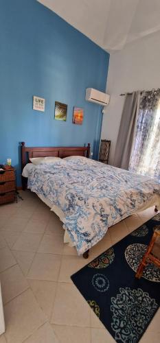 1 cama en un dormitorio con una pared azul en Sea-lily Beach Villa, en Belle Mare