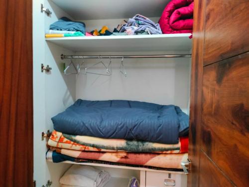 a closet filled with lots of clothes and a blue pillow at Blue Heart Home 1 BHK - Spacious Flat in Tapovan in Rishīkesh