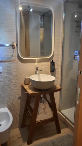 a bathroom with a sink and a mirror and a shower at Ca' de Baran in Manarola