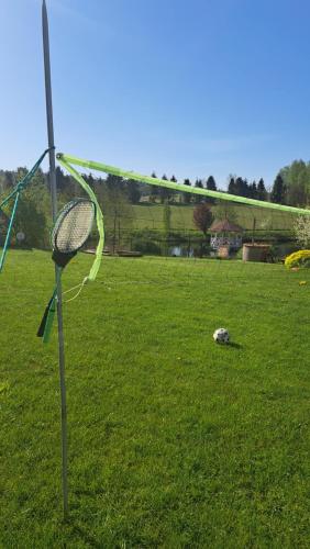 a tennis racket on a pole in a field at Dolina Miodu - Kaszuby, Sauna, Gorąca Balia in Borowina