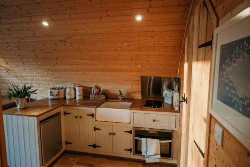 eine Küche mit einer Theke und einem Waschbecken in einer Hütte in der Unterkunft Modulog 2 At Tapnell Farm in Yarmouth