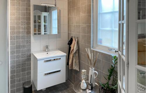 Lovely Home In Glanshammar With Kitchen في Glanshammar: حمام مع حوض أبيض ومرآة