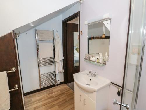a bathroom with a sink and a mirror at The Wheelhouse in Church Stretton