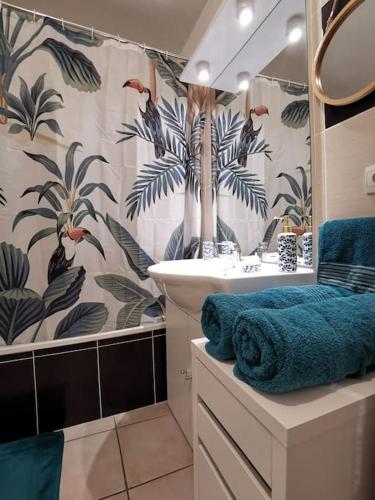 une salle de bain avec un lavabo et un miroir dans l'établissement Appartement T2 à 5 min de la mer, 2 lits, à La Seyne-sur-Mer