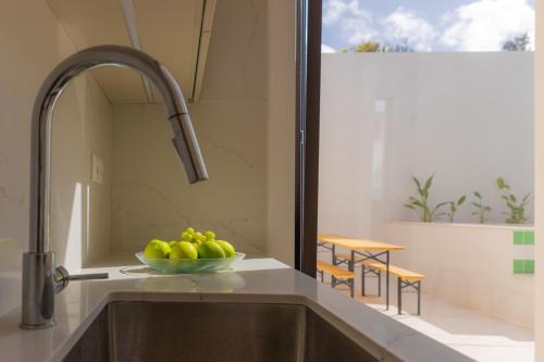 a kitchen sink with a bowl of fruit on it at Canto 18 in Salir de Porto
