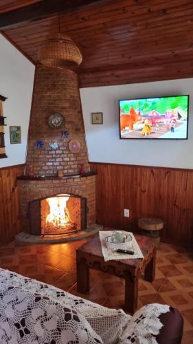 a living room with a fireplace and a tv at Apartamentos Roncalli Monte Verde in Monte Verde