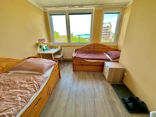 um quarto com 2 camas e uma janela em Aurora Iris em Praga
