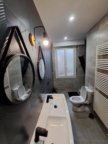 La salle de bains est pourvue de 2 toilettes, d'un lavabo et d'un miroir. dans l'établissement Sapphire Blue Saint-Charles, à Marseille