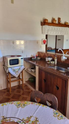 a small kitchen with a sink and a microwave at Apartamentos Roncalli Monte Verde in Monte Verde