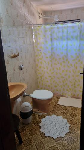 a bathroom with a toilet and a shower curtain at Apartamentos Roncalli Monte Verde in Monte Verde